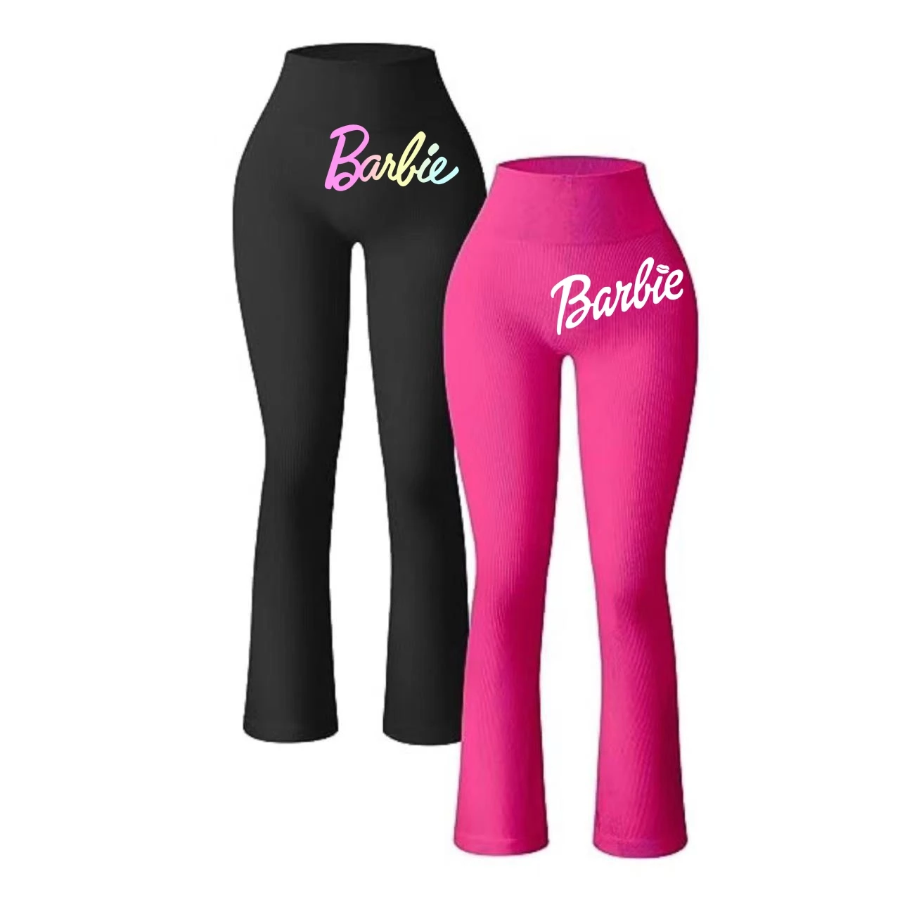 Fashion Barbie Ladies Sports Leisure Yoga Pants Ribbed Workout High Waist Flare Pants Leggings Long Pants Women Kawaii Cartoon