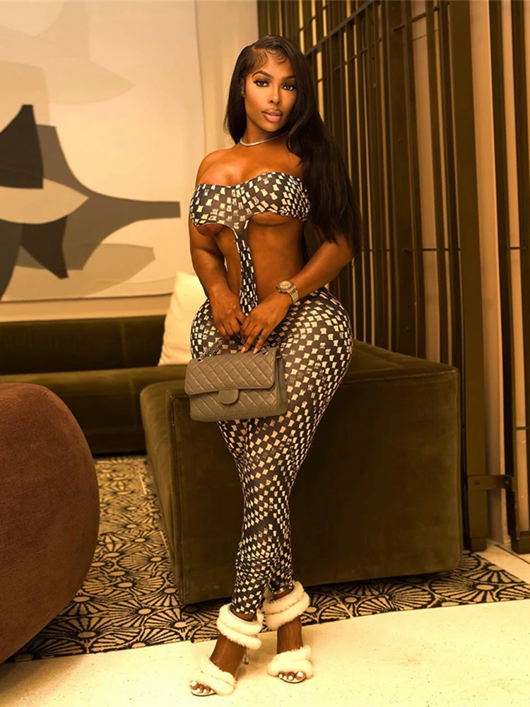 

Kliou сексуальный модный женский комбинезон с ромби и принтом на груди, с открытой спиной, нерегулярной формы, обтягивающий персиковый бедра, полуночный клубный комбинезон для вечеринок