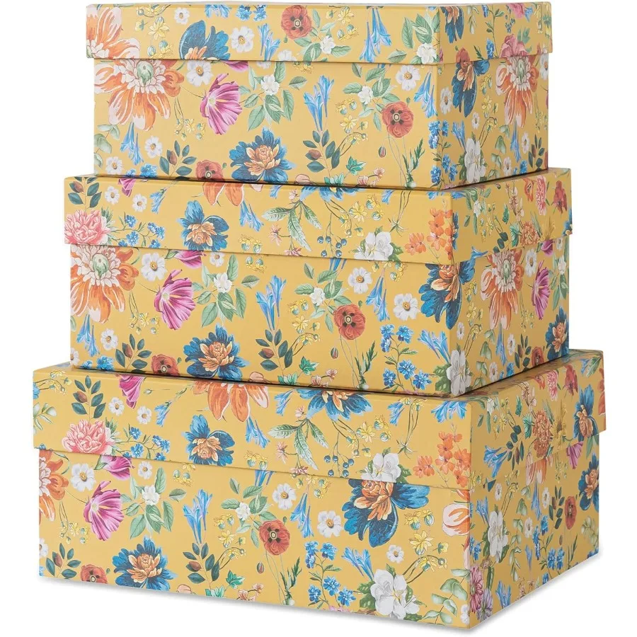 

Soul and Lane Decorative Storage Boxes with Hinged Lids Golden Bloom - Set of 3: Floral Memory Keepsake Boxes with Lids Cardboa