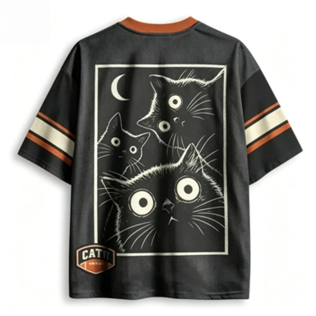 3D Printed Retro Black Cat Moon T-shirt Breathable Mesh Orange Edge Short Sleeve Cat Enthusiast Street Top