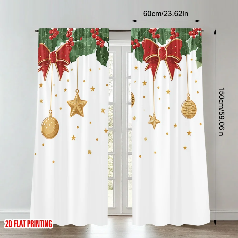 2pcs 2D flat printing Merry Christmas Curtains Christmas Holly Bow Stars Digital Printed Polyester Drapes Family Party Perfect