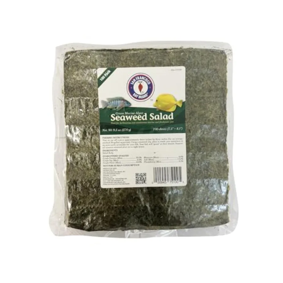 Alga Marina Verde Seca para Ensalada, 9.5 oz, 100 Hojas Tamaño Completo, Alimento para Peces de Acuario de Agua Salada y Agua Dulce