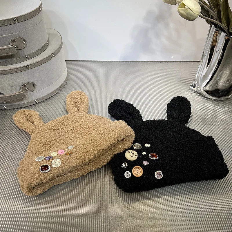 Women's Coloured Diamond Autumn-Winter Knitted Hat Woolly Beanie with 3D Rabbit Ears Stylish Ear-Warming Cold-Weather Hat