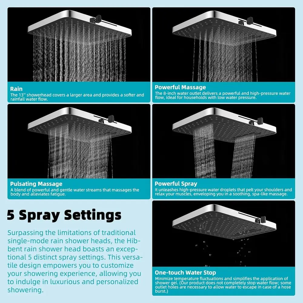 رأس دش عالي الضغط مقاس 13 بوصة مع 5 أوضاع، رأس دش ثابت كبير من الكروم للحمام، وصلة دوارة قابلة للتعديل #2