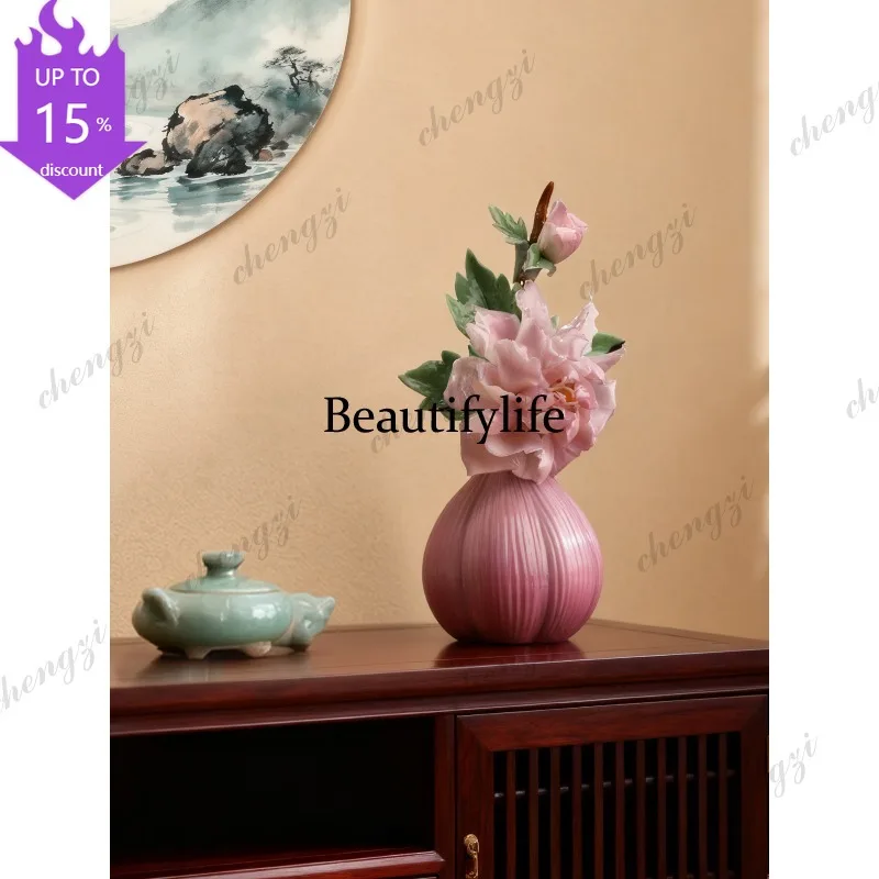 H132 intangible cultural heritage handmade ceramics, peony porcelain flower ornament, vase, living room decoration, high-end