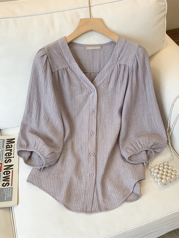 

Slimming plus Size Women's Shirt V-Neck Five-Quarter Sleeve Cover Belly High End Feeling Shoulder Appropriate Summer New Arrival