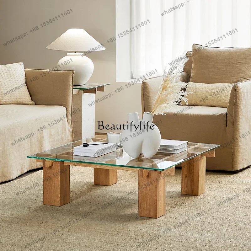 Customization Grid Solid Wood Glass Coffee Table Living Room Wabi Sandy Wind Log Modern Simplicity