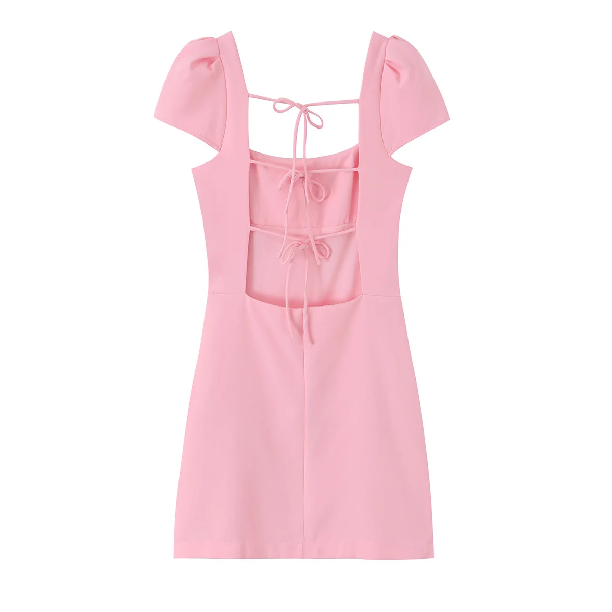 TFMLN Sommer Damen Kleider mit Schleife und Rückenausschnitt, elegantes, kurzärmliges Kleid mit quadratischem Ausschnitt, schmal geschnittenes Kleid für Abend, Party, Club, Damenkleider – Detail 3