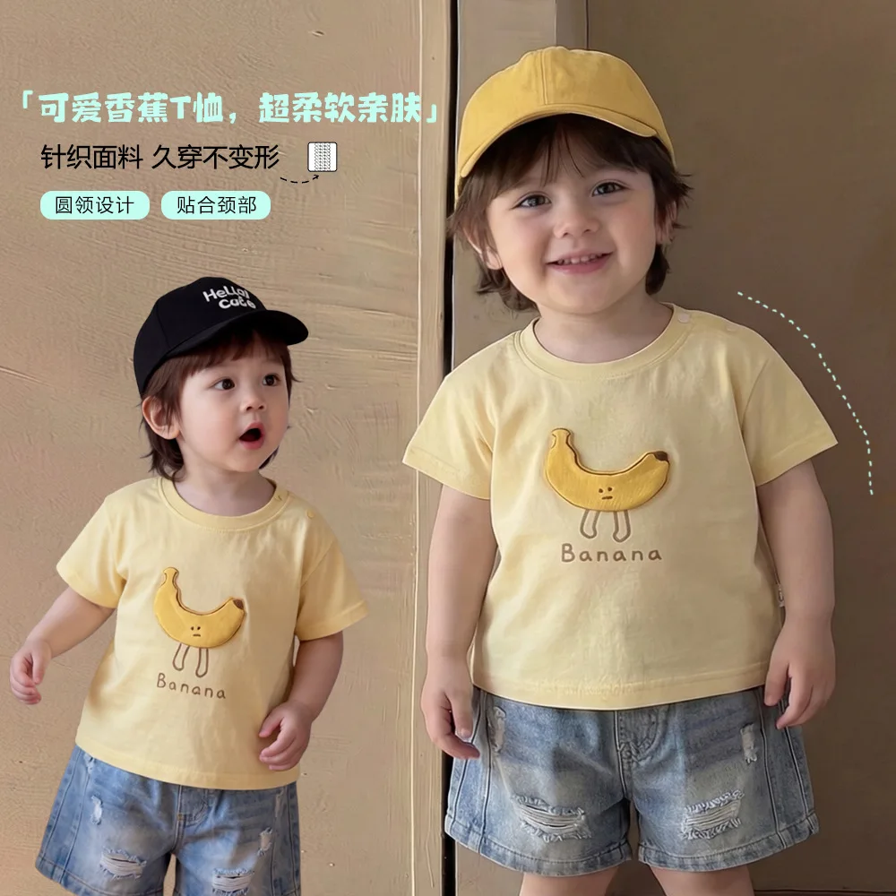 

Детская летняя футболка с коротким рукавом и принтом бананов, милая мультяшная футболка с круглым вырезом, из мягкого дышащего хлопка, для повседневной носки на улице