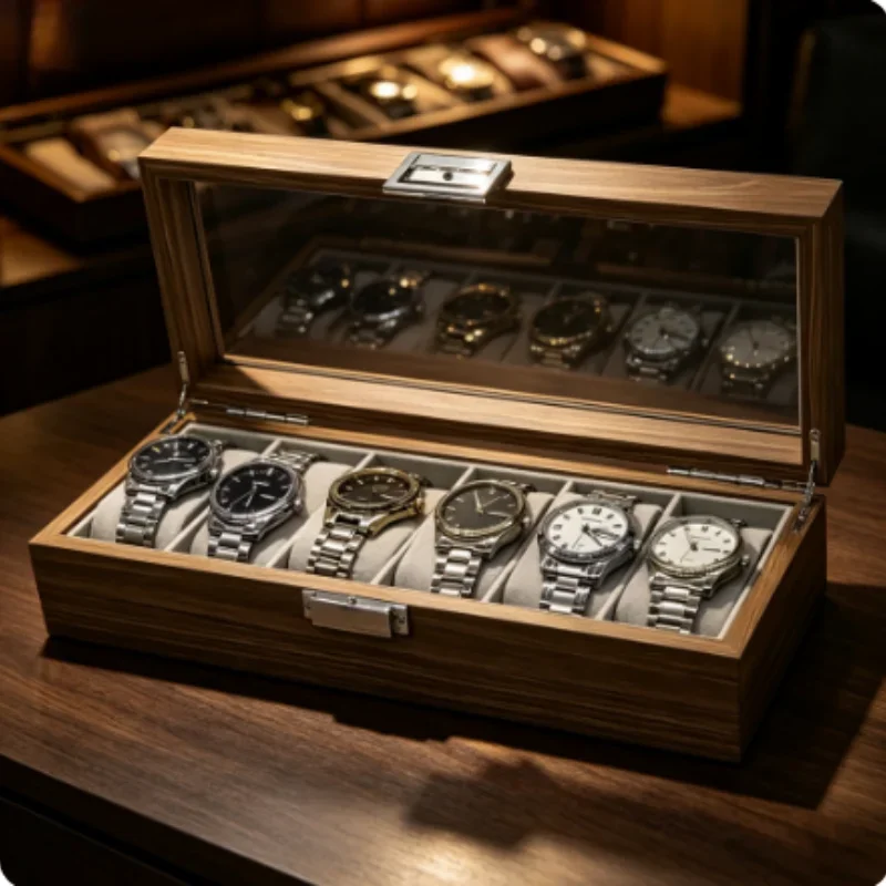 6 Slots Black Walnut Grain Watch Storage Box, Luxury Wooden Wristwatch Display Organizer Gift Case