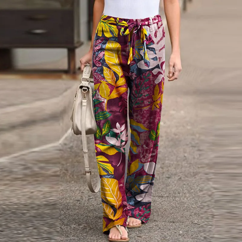 2023 New Summer Fashion Casual Simple Comfortable Elastic Waist Cotton Hemp Large Size Printed High Waist Wide Leg Pants