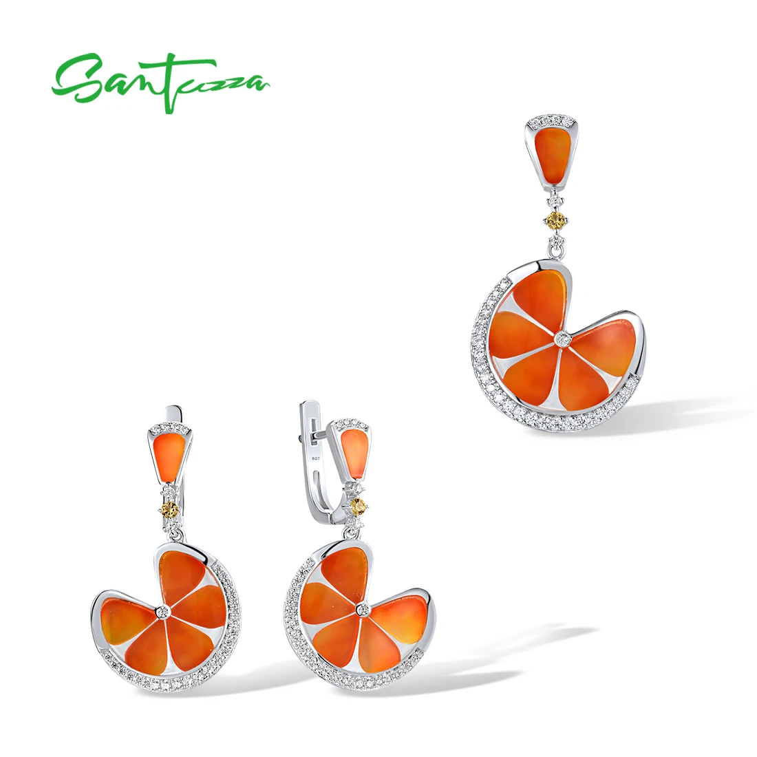 SANTUZZA Genuine 925 Silver Jewelry Set For Women Orange Enamel Leaf Earrings Pendant Creative Wedding Gifts Fine Jewelry