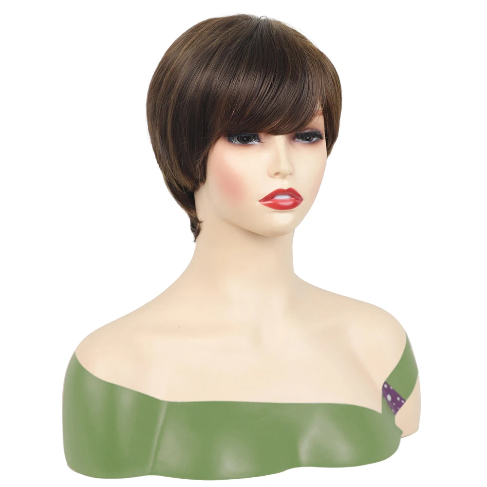 Women’s Short Straight Brown Wig with Side Bang Heat Resistant Synthetic Daily Gatherings