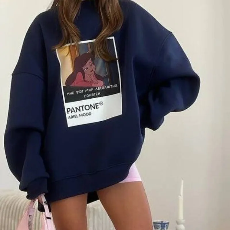Navy Large Size Cute Sweatshirts Russian Girls Sweet Women Crew Neck Hoodies Retro Cartoon Printed Unique Streetwear Chic Y2K