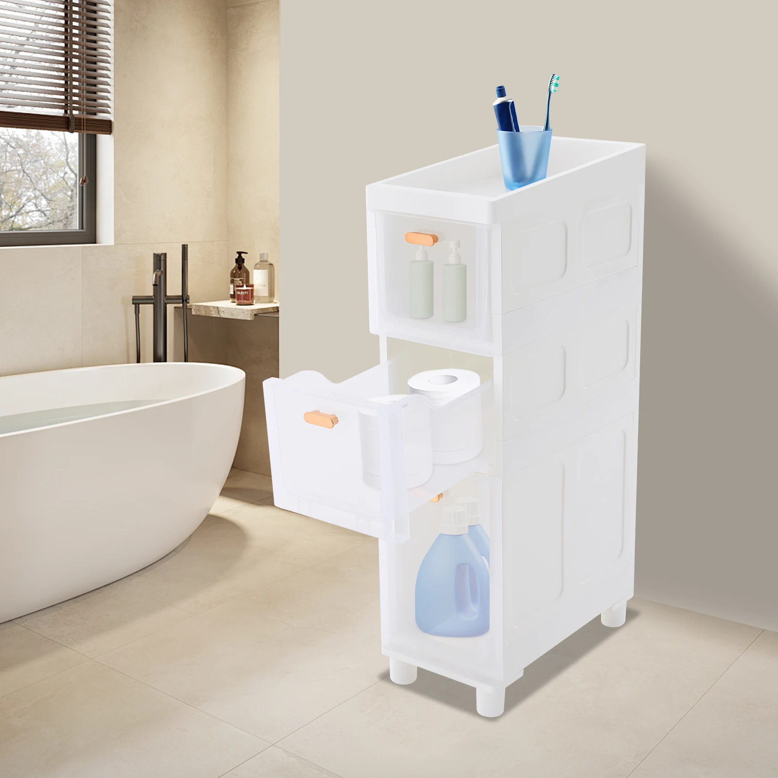 

3-Drawer Narrow PP Slim Bathroom Storage Cabinet - Waterproof, Space-Saving & Modern Design for Toiletries & Cosmetics