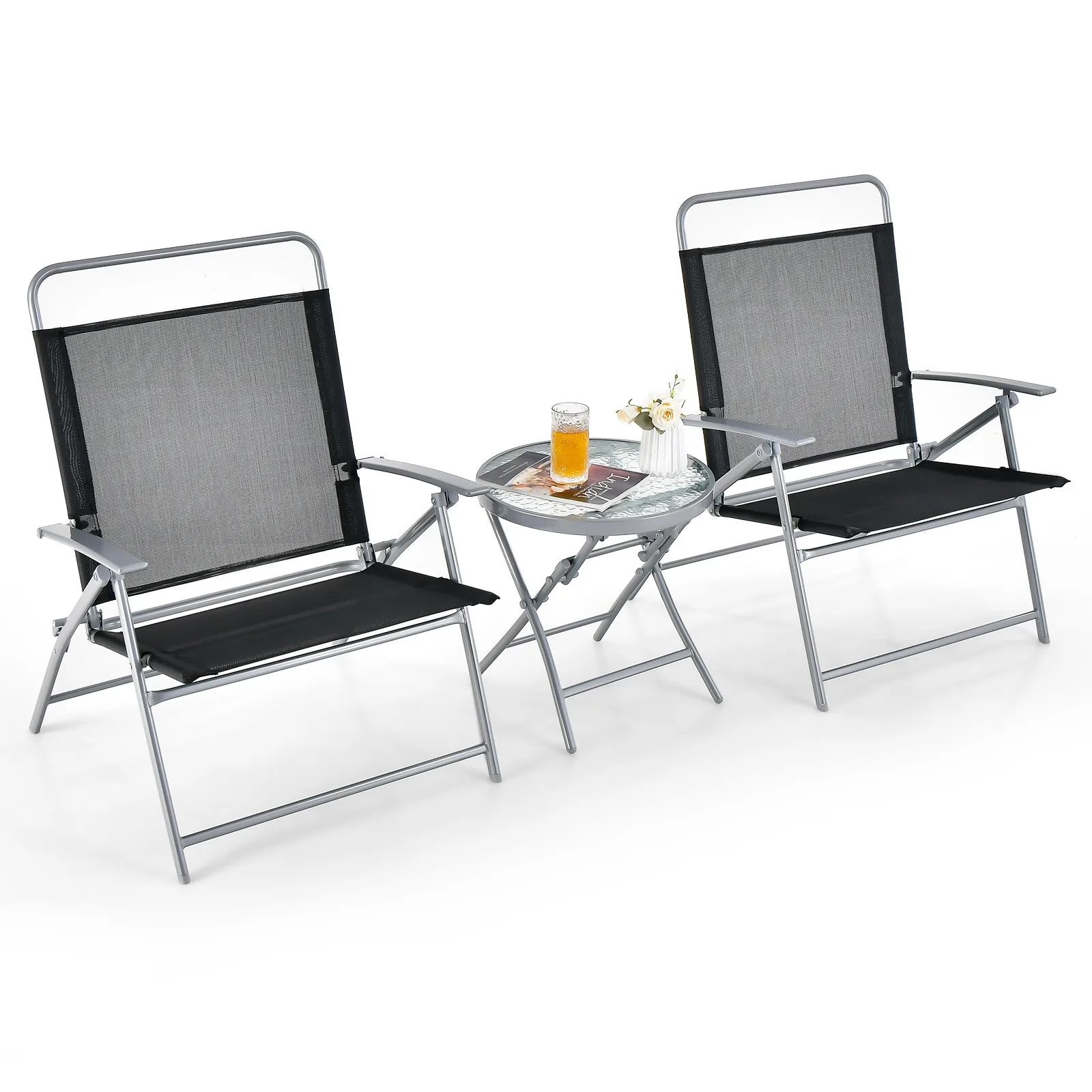 3pcs Patio Folding Table Chair Set Extra-Large Seat Metal Frame Portable Outdoor