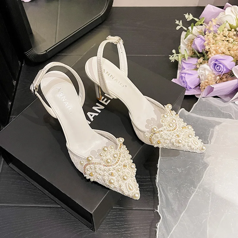 CHMURY elegante donna bianca punta a punta 8cm matrimonio sposa tacchi scarpe per le donne tacco medio pizzo Slingback lacci di perle scarpe