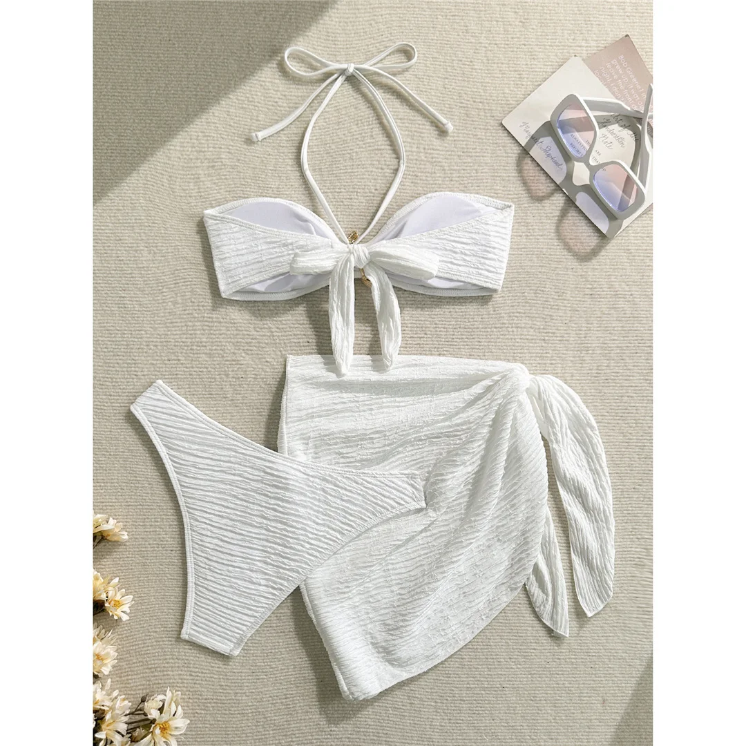 3-teiliges Set mit Sarong, Metallstern-Halterneck-Bikini, Damen-Badeanzug, Damen-Badebekleidung, dreiteiliges Bikini-Set, Badeanzug, Badebekleidung, Schwimmbekleidung V7042 – Detail 11