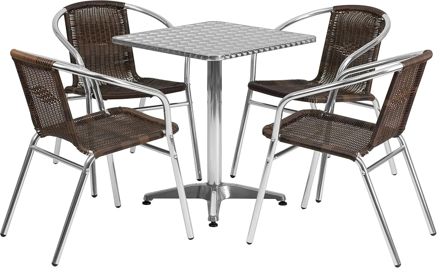 23.5'' Square Aluminum Indoor-Outdoor Table Set With 4 Dark Brown Rattan Chairs