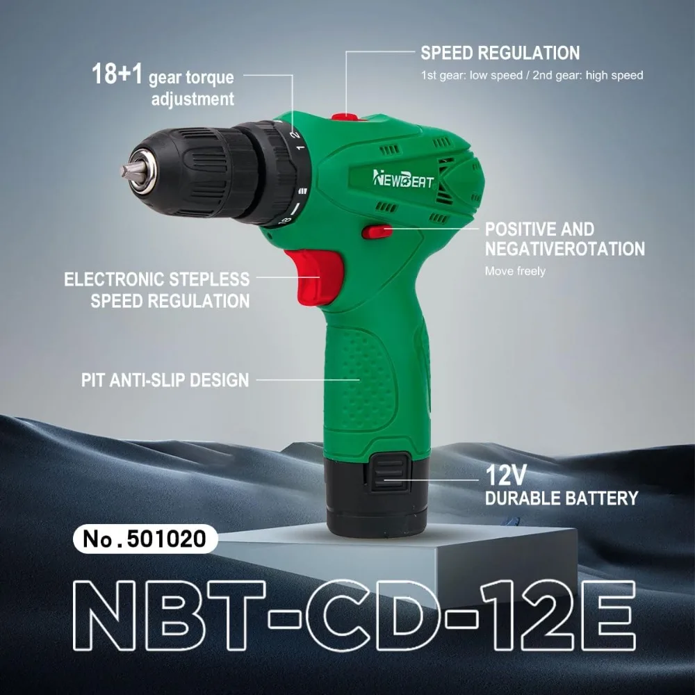 12V Cordless Drill Set, 2-Speed, 18+1 Torque, LED, 1.5Ah Battery & Charger, Home DIY Kit