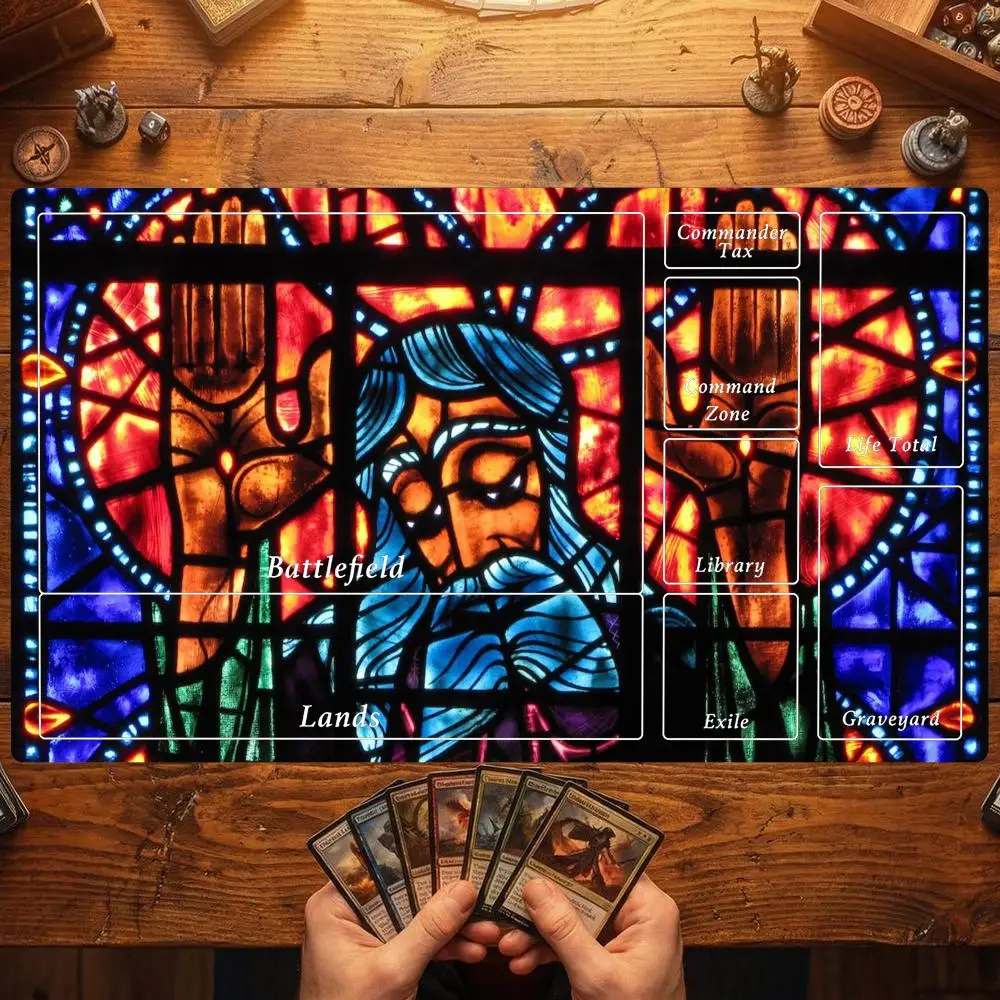 Red Stained Glass Zombie Graveyard Magic Card Battle Mat TCG Playmat Anti-Slip Base Gathering Gaming Mat Board Game Mat for TCG