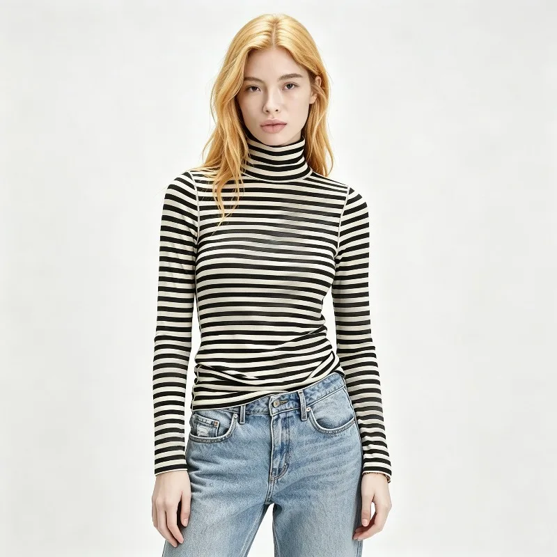Women Striped Turtleneck Long Sleeve T Shirt Knit Base Layer Tops Casual Soft Fall Winter Thermal Shirts