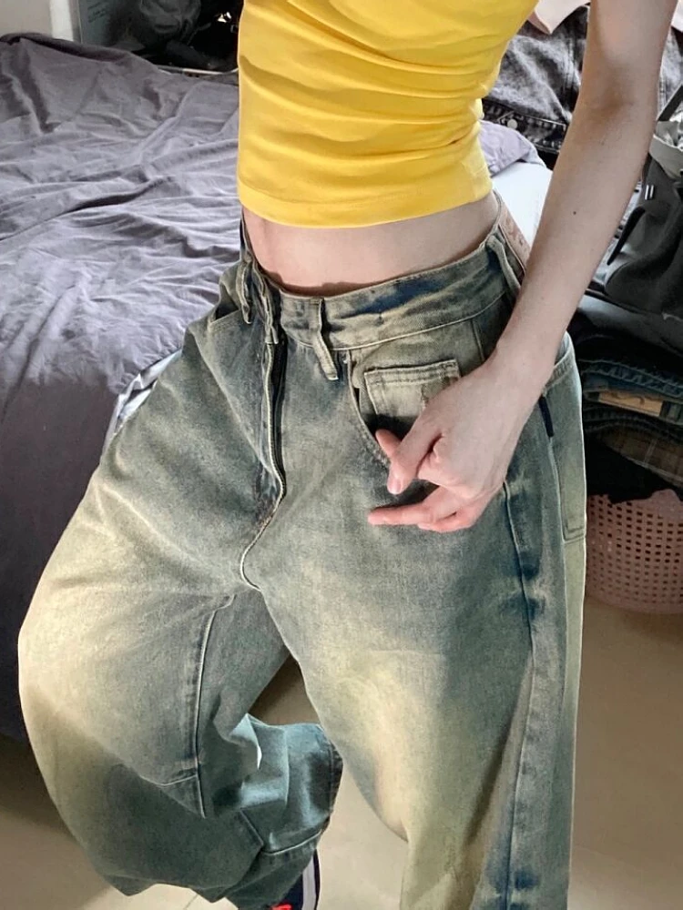 Woman Loose Jeans Casual Low Waist Denim Straight Leg Pants Gradient Color Tie-dyed Pockets Simple Vintage Korean Preppy Style