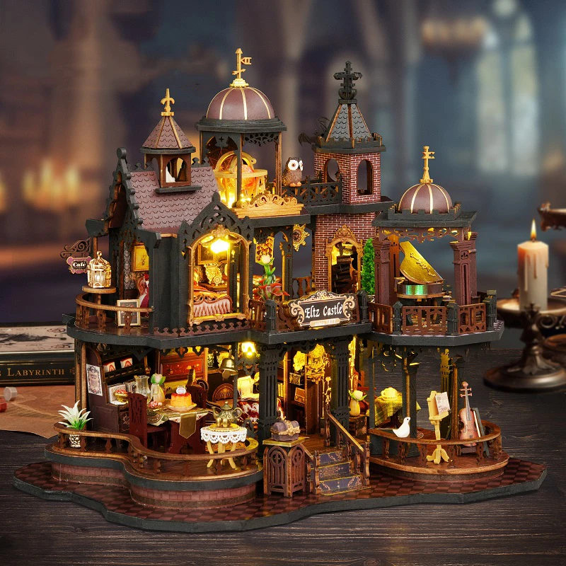 Kit di costruzione in miniatura in legno fai-da-te Castello di Edimburgo Casa Case delle bambole con luci per mobili Case delle bambole per amici Regali di compleanno