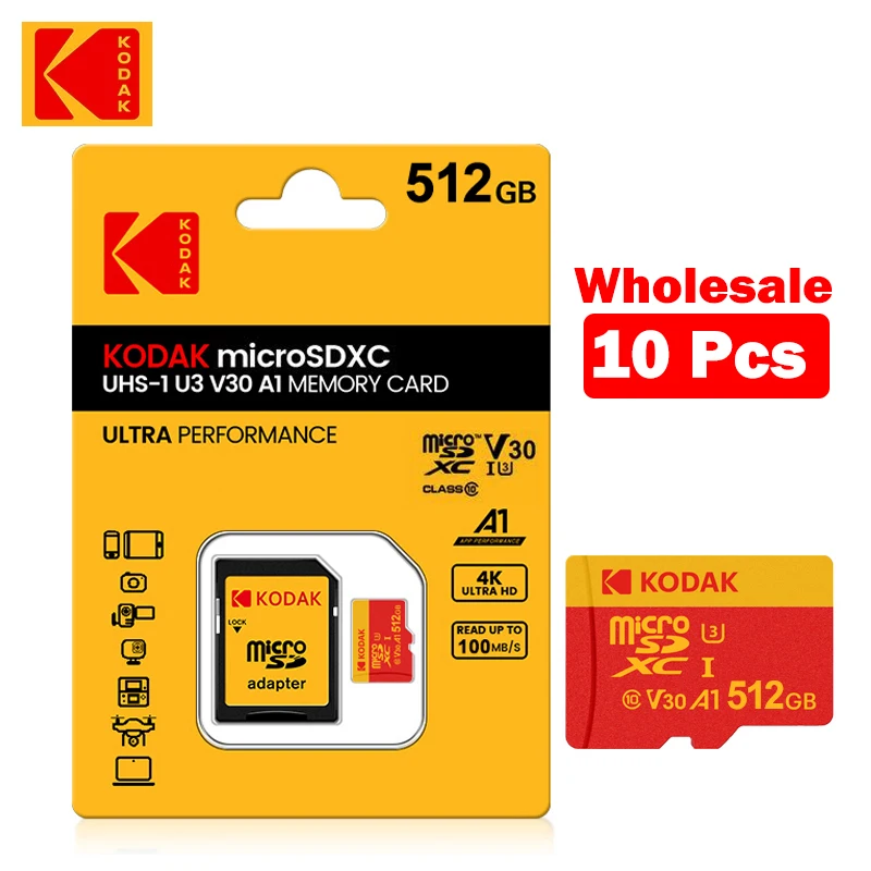 

10pcs Kodak Micro SD Card 512gb 256gb 128gb 64gb 32gb Micro SD Memories With Adapter For Monitor Camera Drone Microsd Wholesale