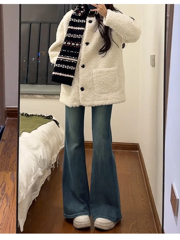 

Джинсы-колокольчики с высокой талией в стиле ретро, женские весенне-осенние новые универсальные эластичные утягивающие брюки большого размера с толстыми мм