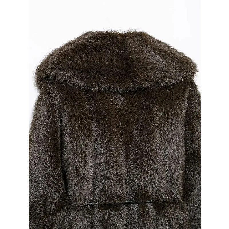 여성용 가을 겨울 빈티지 두꺼운 따뜻한 코트 솔리드 턴다운 칼라 긴 소매 벨트 장식 여성 패션 아우터웨어