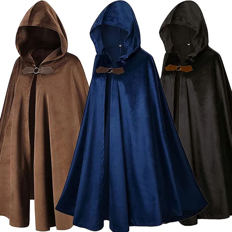Men's Velvet Cloak with Hood, Renaissance Medieval Hooded Cloak for Women, Halloween Hood Cape with Metal Loop Clasp
