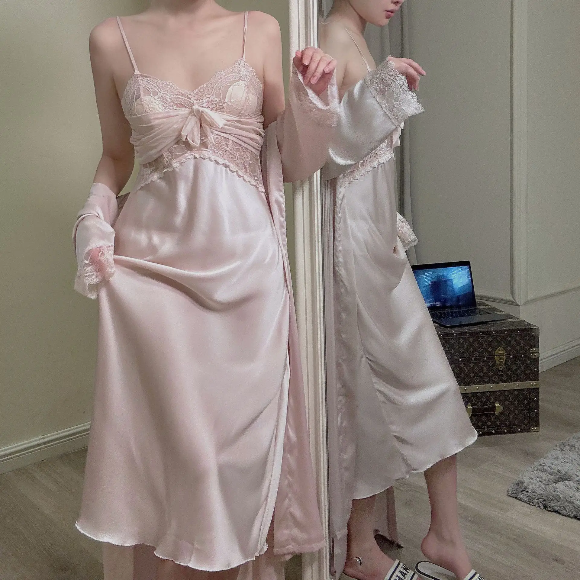 Palace Style Nightgown Pink Robe Set Vintage Sling Homewear Women Satin Kimono Bathrobe Sexy Lace Patchwork Nightdress