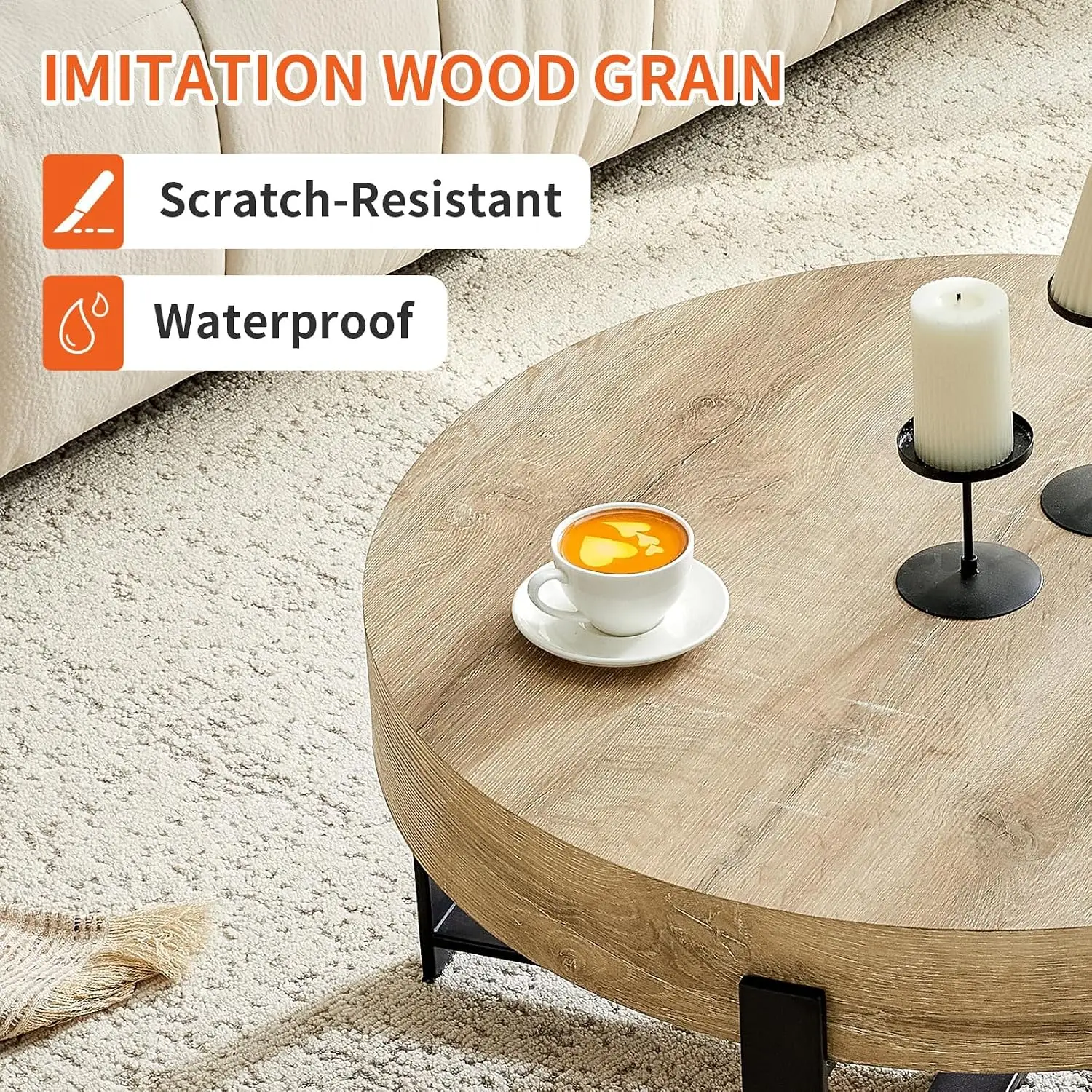 Round Wood Coffee Table Modern Rustic Living Room Circular Wooden Center Metal Legs Apartment Office Small Space, Customized