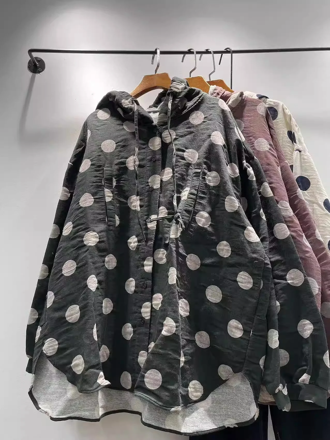 Bust 132cm plus size hoodies polka dot hooded shirts for women 100% cotton yarn soft long sleeve blouses single-breasted outwear