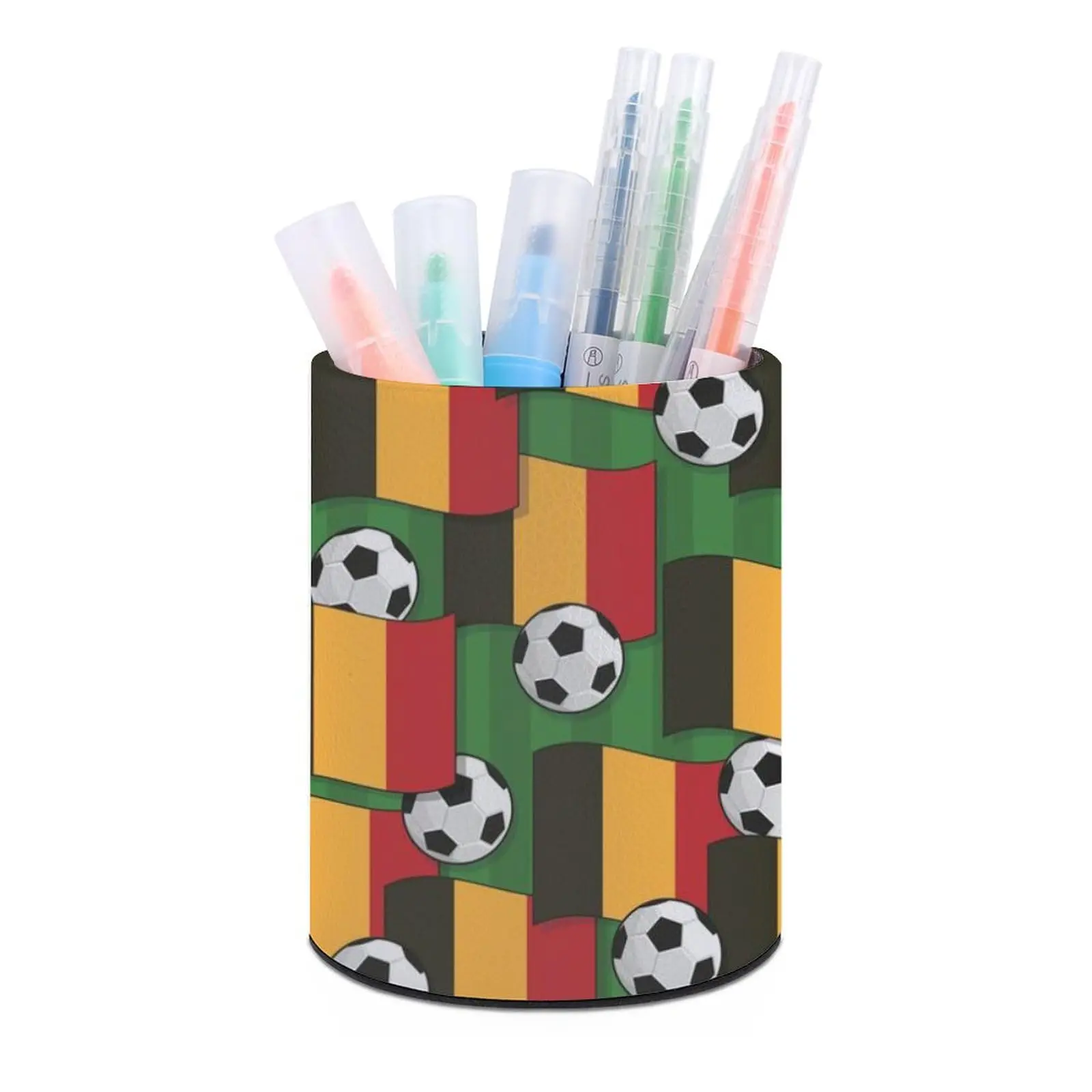 Football Pen Holder PU Leather Traditional Sport Close Up Photo Print Pencil Holders for Desk Office Classroom Study Accessory