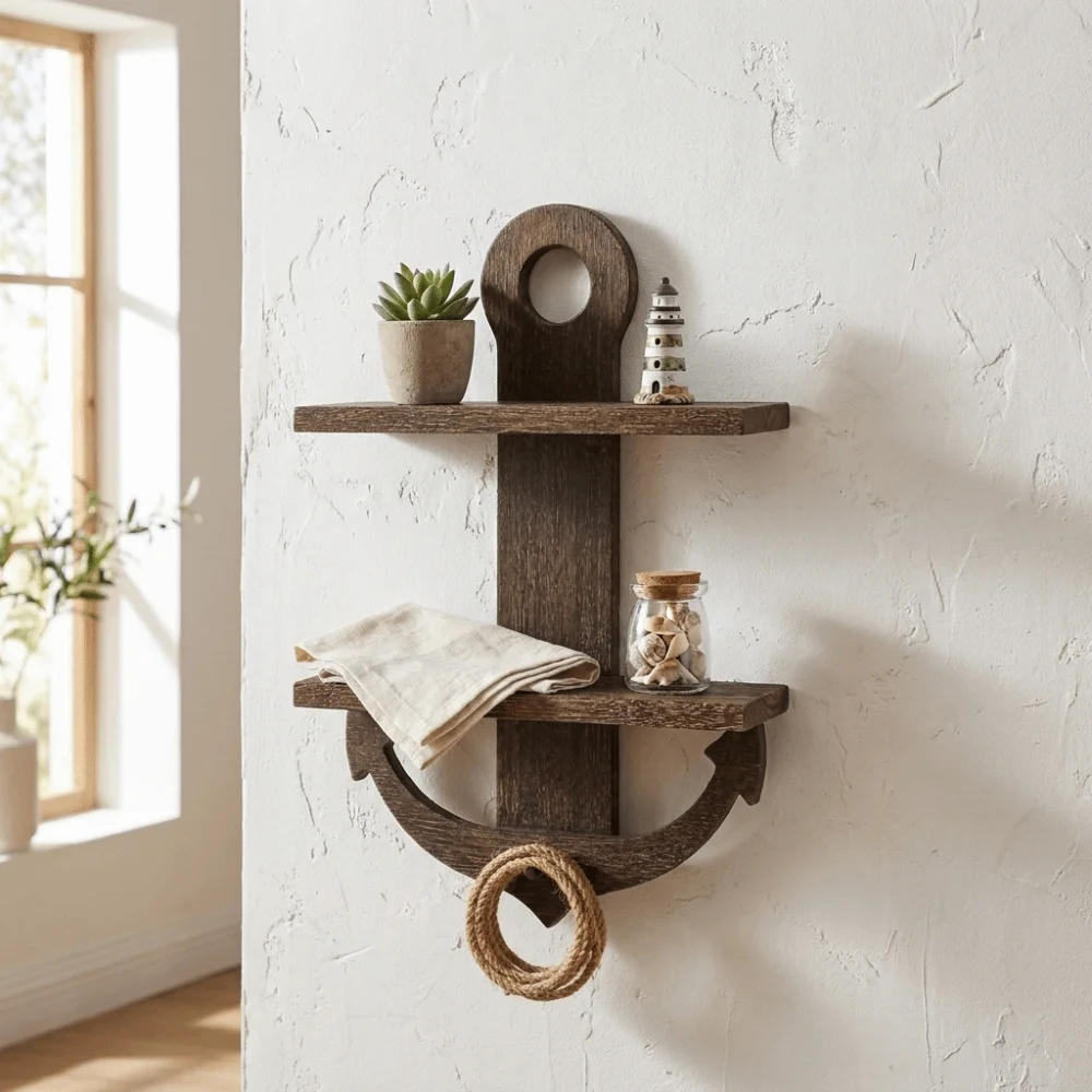 Decorative Wooden Anchor Design Wall Shelf Double-Layer Retro Wall Mounted Shelf Nautical Style Modern Display Rack Bathroom