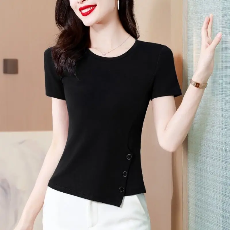 2024 New Summer Korean Commuting Minimalist Fashion Polyester Short Sleeved Solid Round Neck Irregular Women\'s T-shirt Top