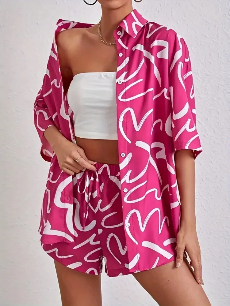 الصيف فضفاضة رفض طوق قميص أعلى + السراويل دعوى مكتب سيدة عارضة رياضية مجموعة المرأة أزياء طباعة قطعتين مجموعات