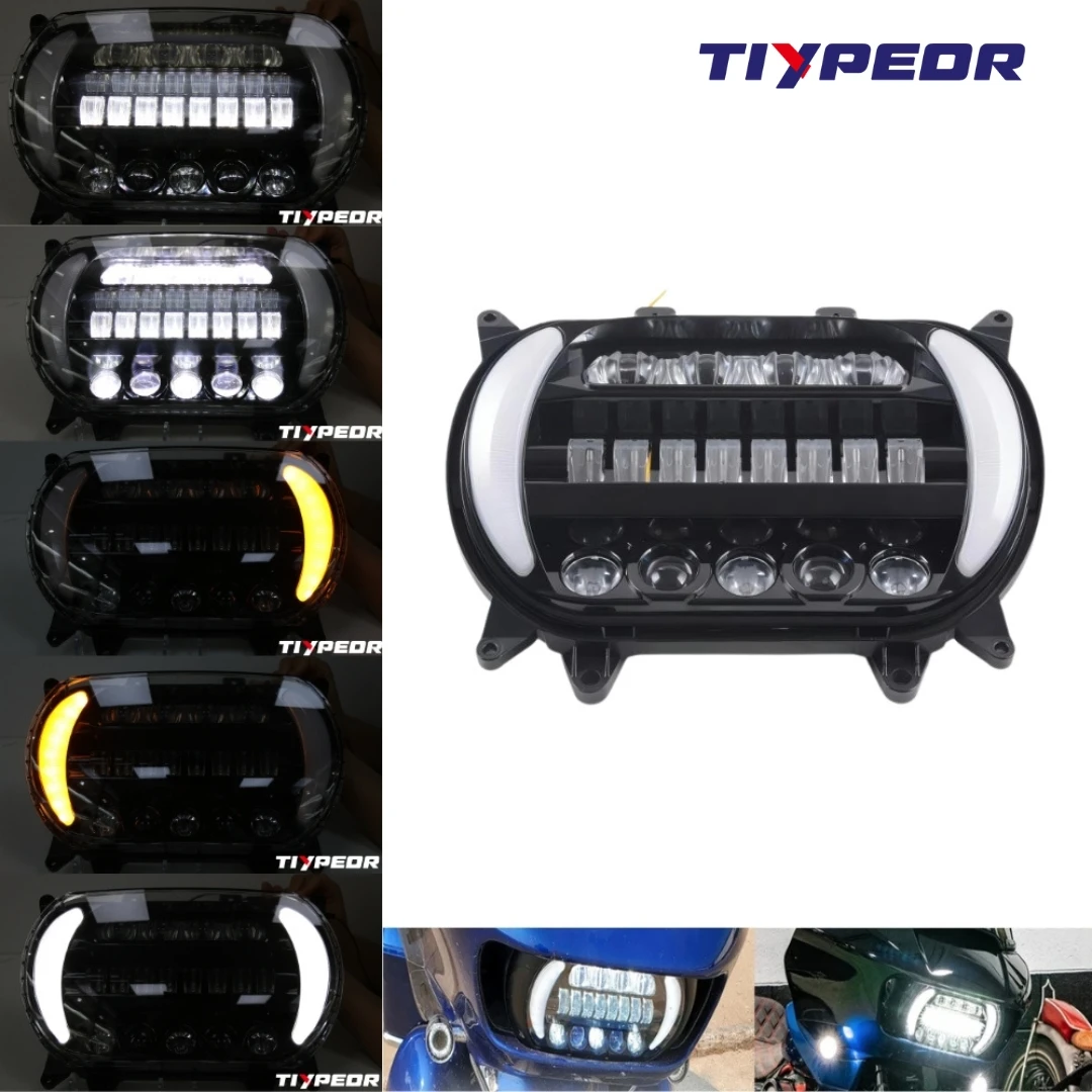 TIYPEOR Functional LED Motorcycle Headlight - 10-32V DC High/Low Beam DRL Turn Signal IP67 6000K (Black/Chrome) Multi-Function
