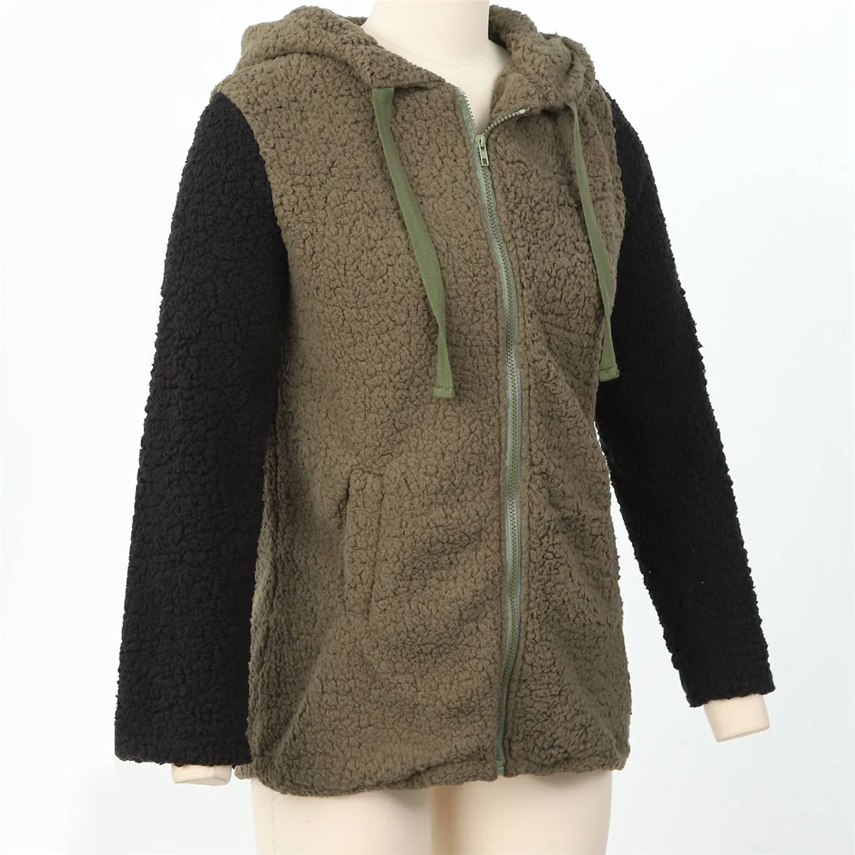 Mantel kasual wanita jaket saku garis leher rambut bulu tebal topi penahan warna longgar modis, L ArmyGreen