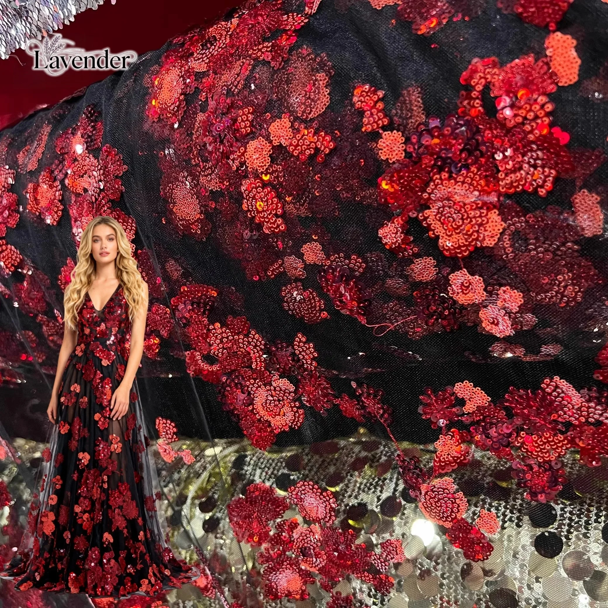 

Черный фон, красный цветок, сетка, ткань с вышивкой и блестками, изысканное шитье ручной работы, украшение для платья, дизайнерская ткань «сделай сам»