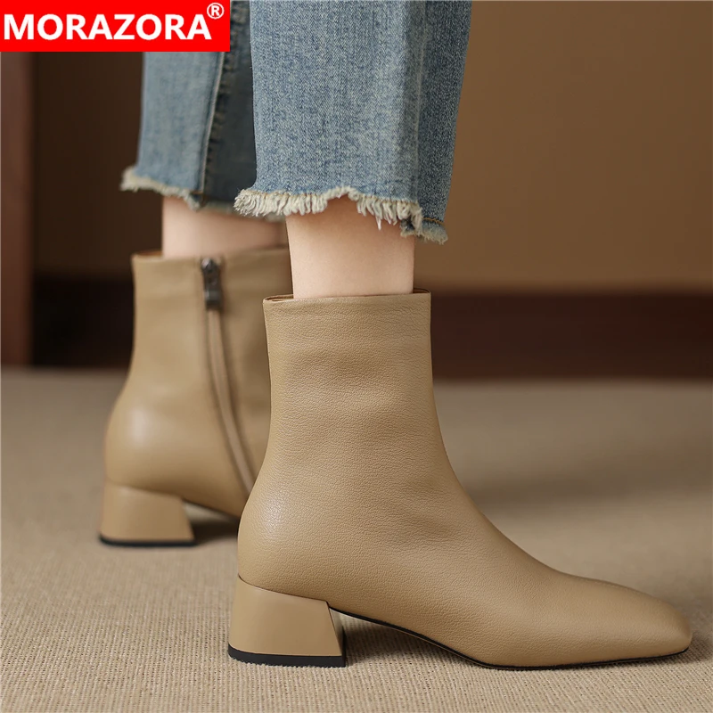 

MORAZORA Size 34-44 Ins New Genuine Leather Boots Square Toe Zipper Autumn Winter Ankle Boots For Women Mid Heels Fashion Botas