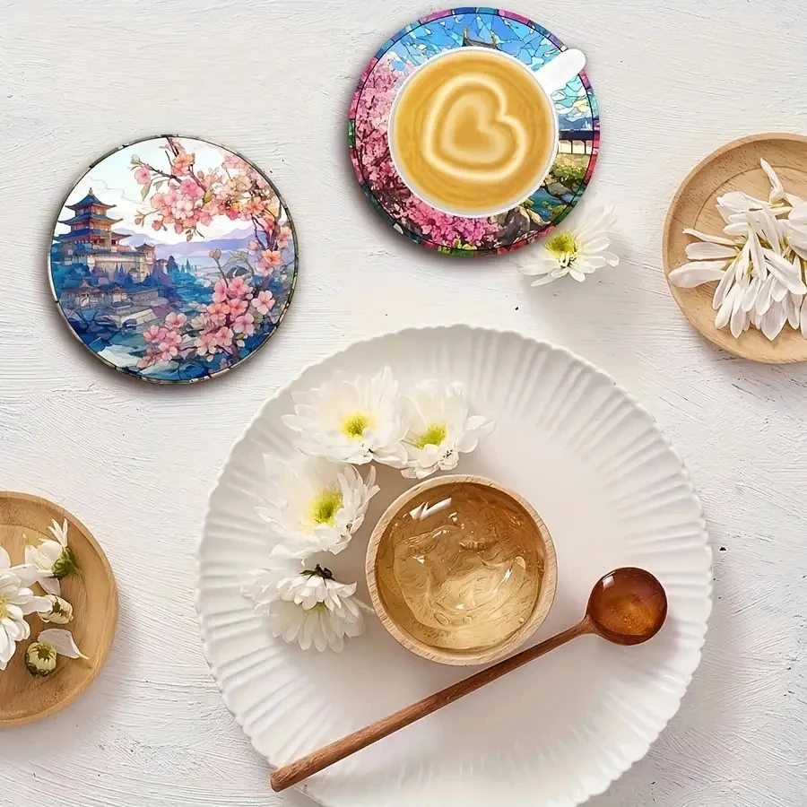 Japanese Cherry Blossom & Scenic Landmark 2D Wooden Coasters Set for Tea Coffee Beverages Home Decor Housewarming Gift