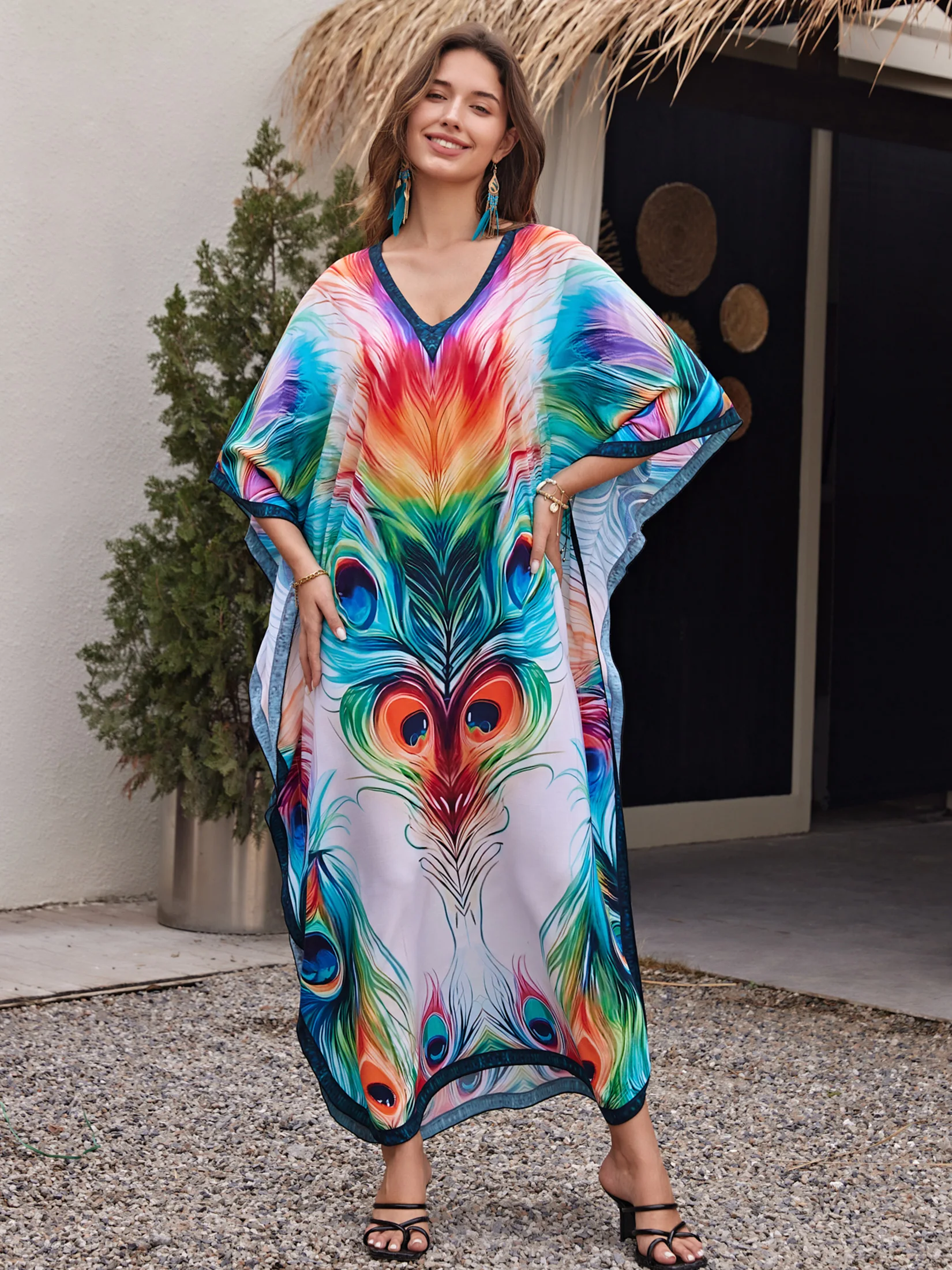 Peacock Printed Bohemian V Neck Batwing Sleeve Kaftan Beach Dress For Women Clothing 2024 Summer Vacation Moo Moo Dreses Q1638