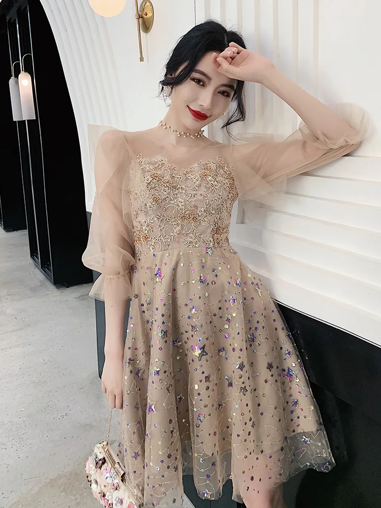 

Birthday ort Evening Gown Fairy Sle 2023 New Faion Ele Korean Version Polyester Spandex Blend U-Neline Seven Sve