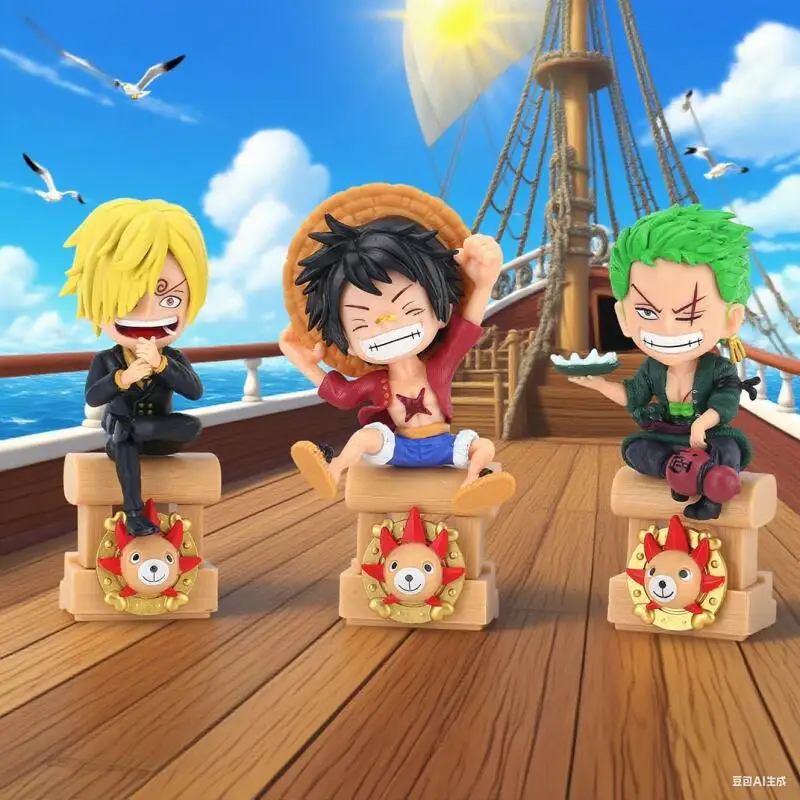 Uma peça mil ensolarado luffy zoro sanji postura sentada versão q dos desenhos animados anime brinquedos modelo boneca de mesa ornamento presentes bonitos