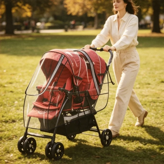 Waterproof Twin Buggy Rain Cover Fits Front Rear Tandem Seats for Outdoor Travel Park and Family Trip