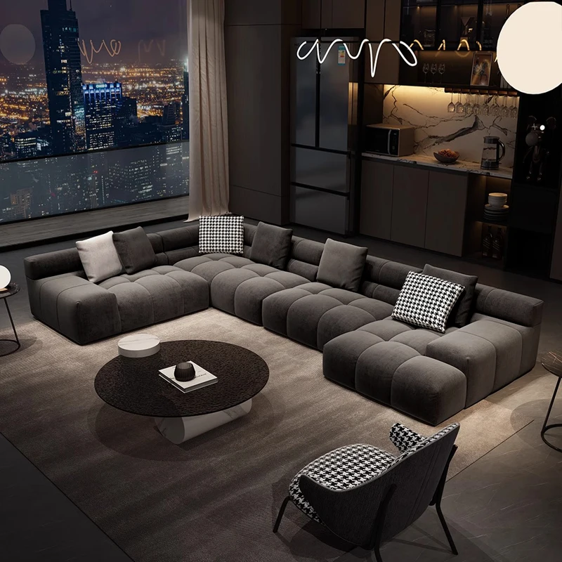Italian minimalist, matte fabric puff sofa, modern simple living room, small apartment, tofu block technology cloth