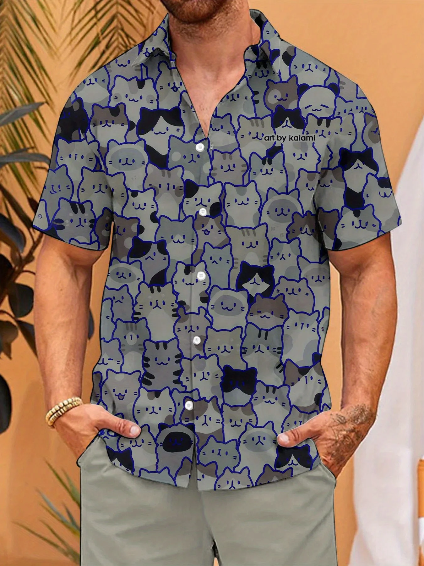 Men Hawaiian Short Sleeve Shirt Cute Line‑Art Cat Silhouette Camp Collar Vacation Tops